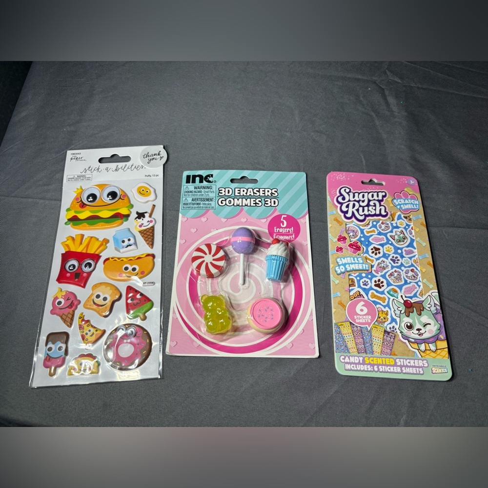 3 pc NEW 3D Candy Erasers Set + Cute Sticker Bundles NWT